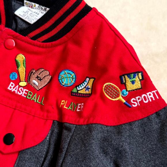 Vintage 90s MGM Kids Fashion Cap Jacket Pants Set 12M Red Gray Baseball Sports - Picture 3 of 10
